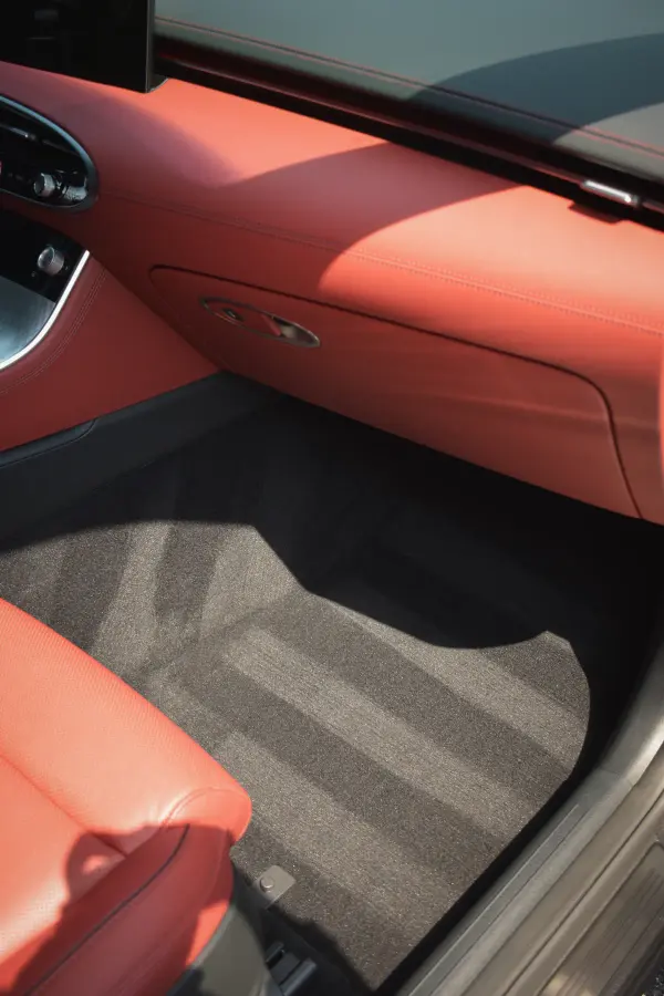 Red leather door card and trim, cleaned